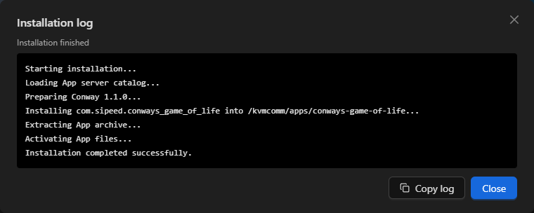 Successful App installation log