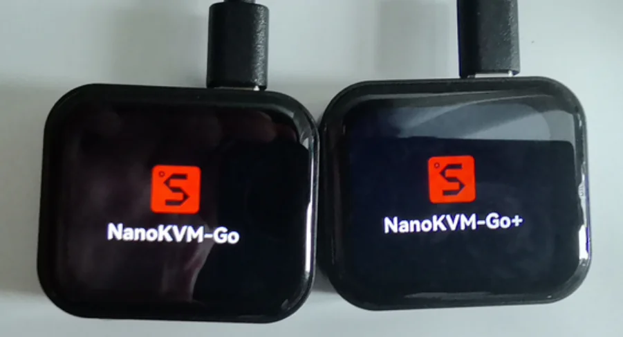 上电后屏幕上的 NanoKVM-Go 与 NanoKVM-Go+ Logo