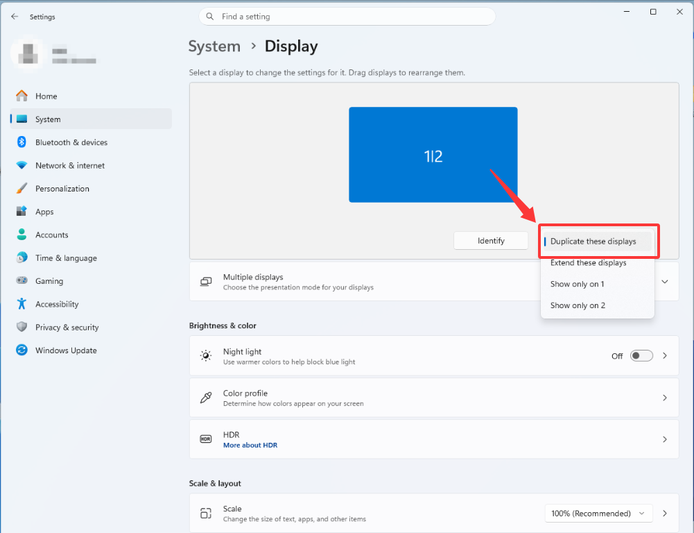 Windows Display settings, "Duplicate these displays" option