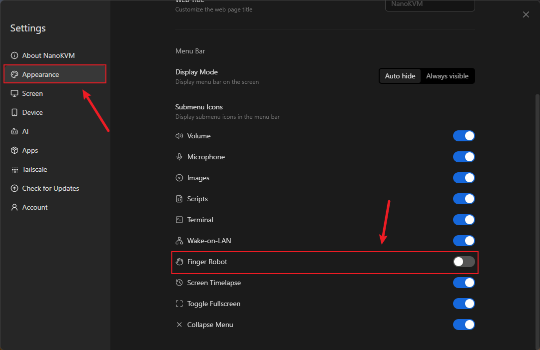 Enable Finger Robot in the Appearance settings