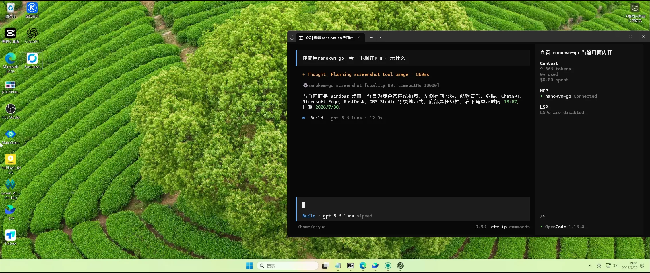 OpenCode 通过 NanoKVM Go MCP 读取当前屏幕内容