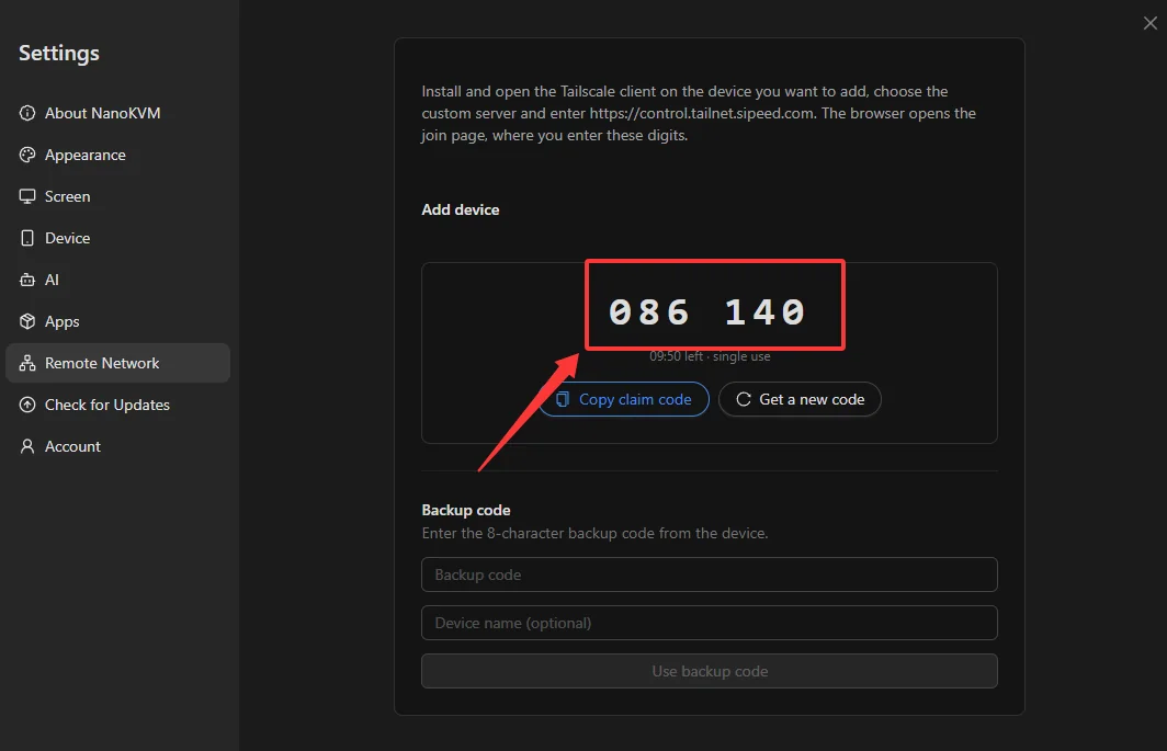 Six-digit claim code on the Add device page