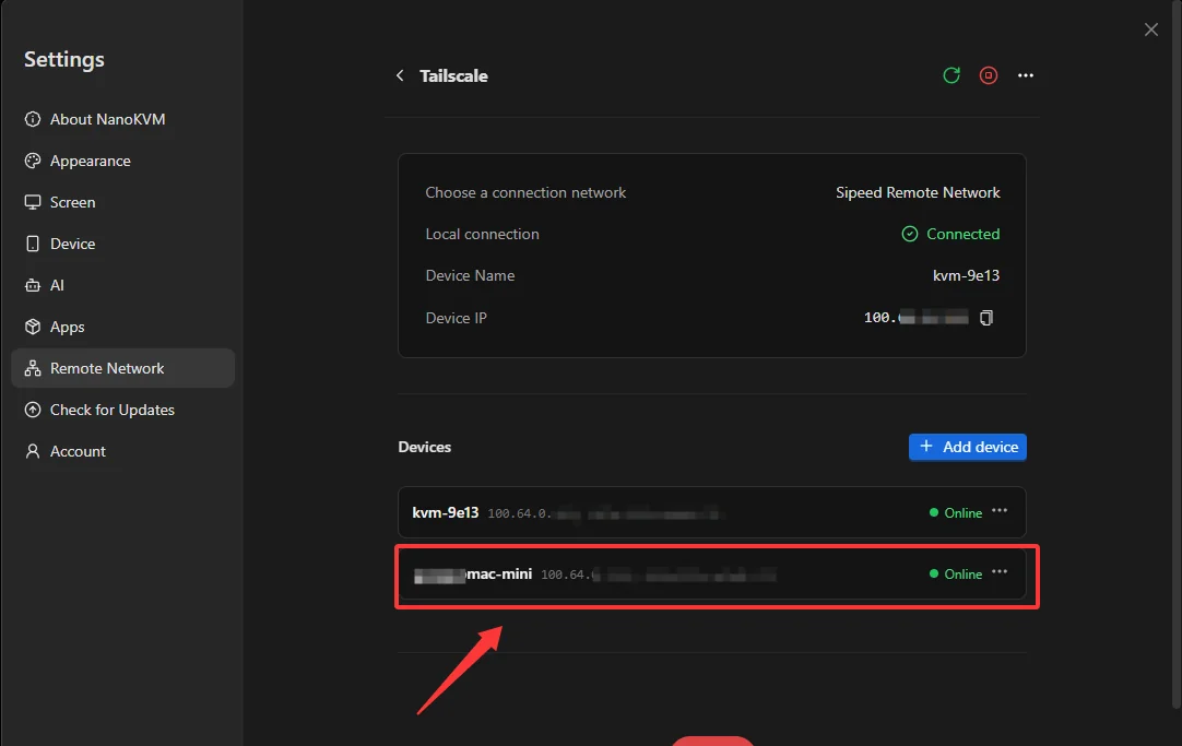 Confirm the new device is online in the NanoKVM Go device list
