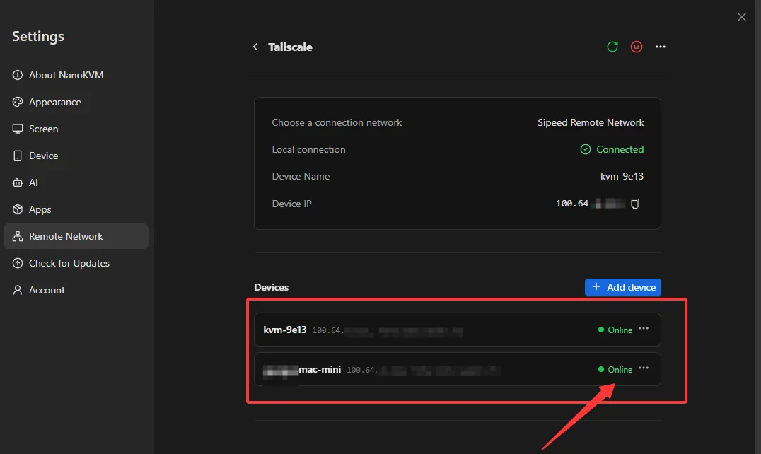 NanoKVM Go page showing a connected local connection and two online devices