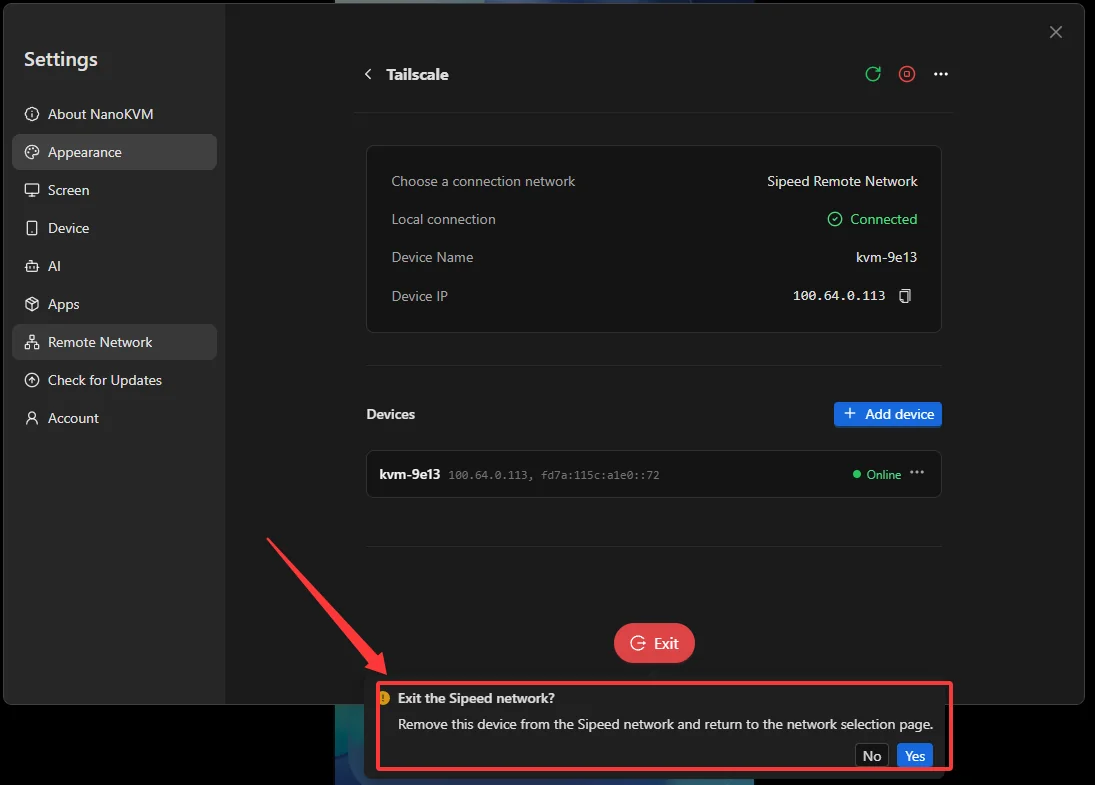 Exit the current network and return to the network selection page
