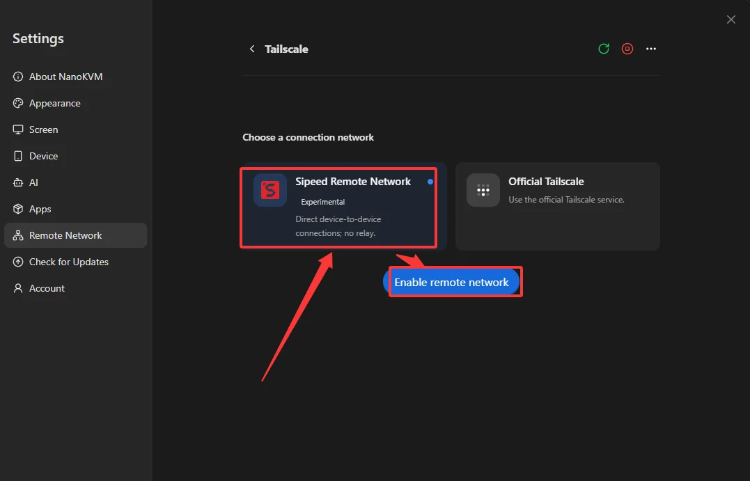 Select Sipeed Remote Network on NanoKVM Go