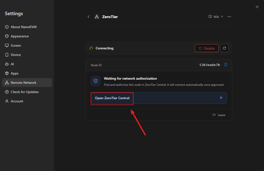Node ID shown while waiting for network authorization