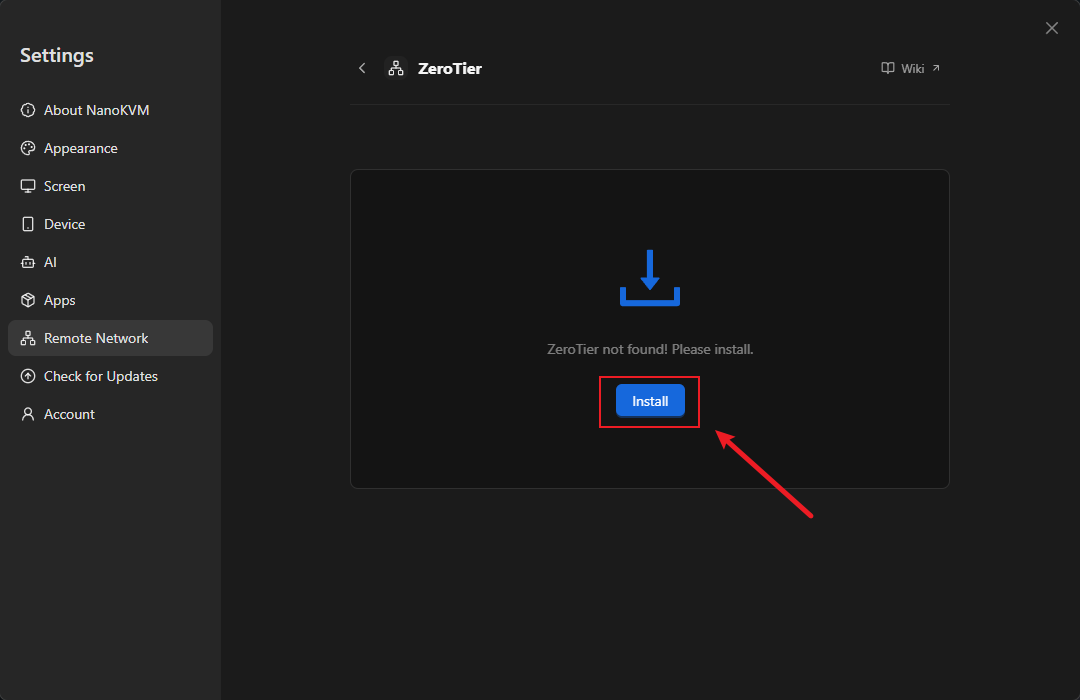 Install button for ZeroTier