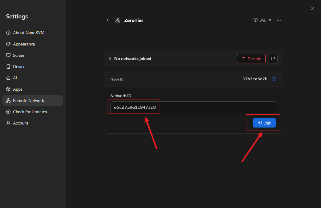 Enter the ZeroTier Network ID and join