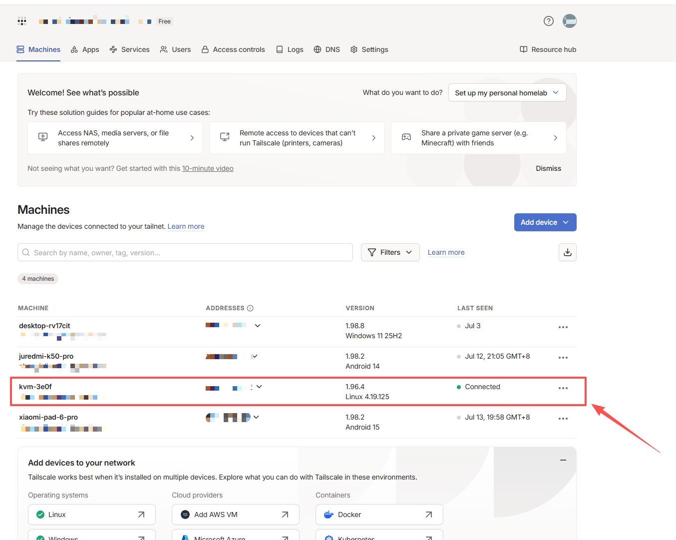Confirm that NanoKVM Go is online in the Tailscale admin console