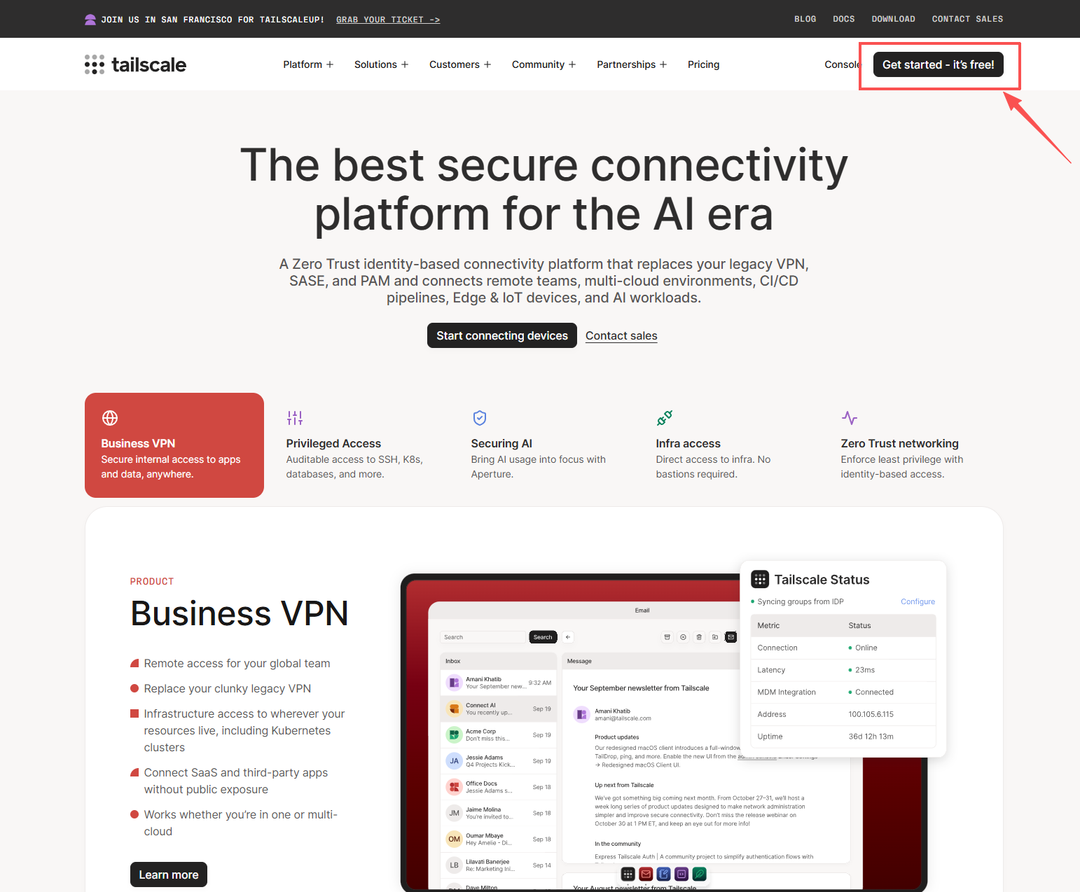 Registration and login entry on the Tailscale website