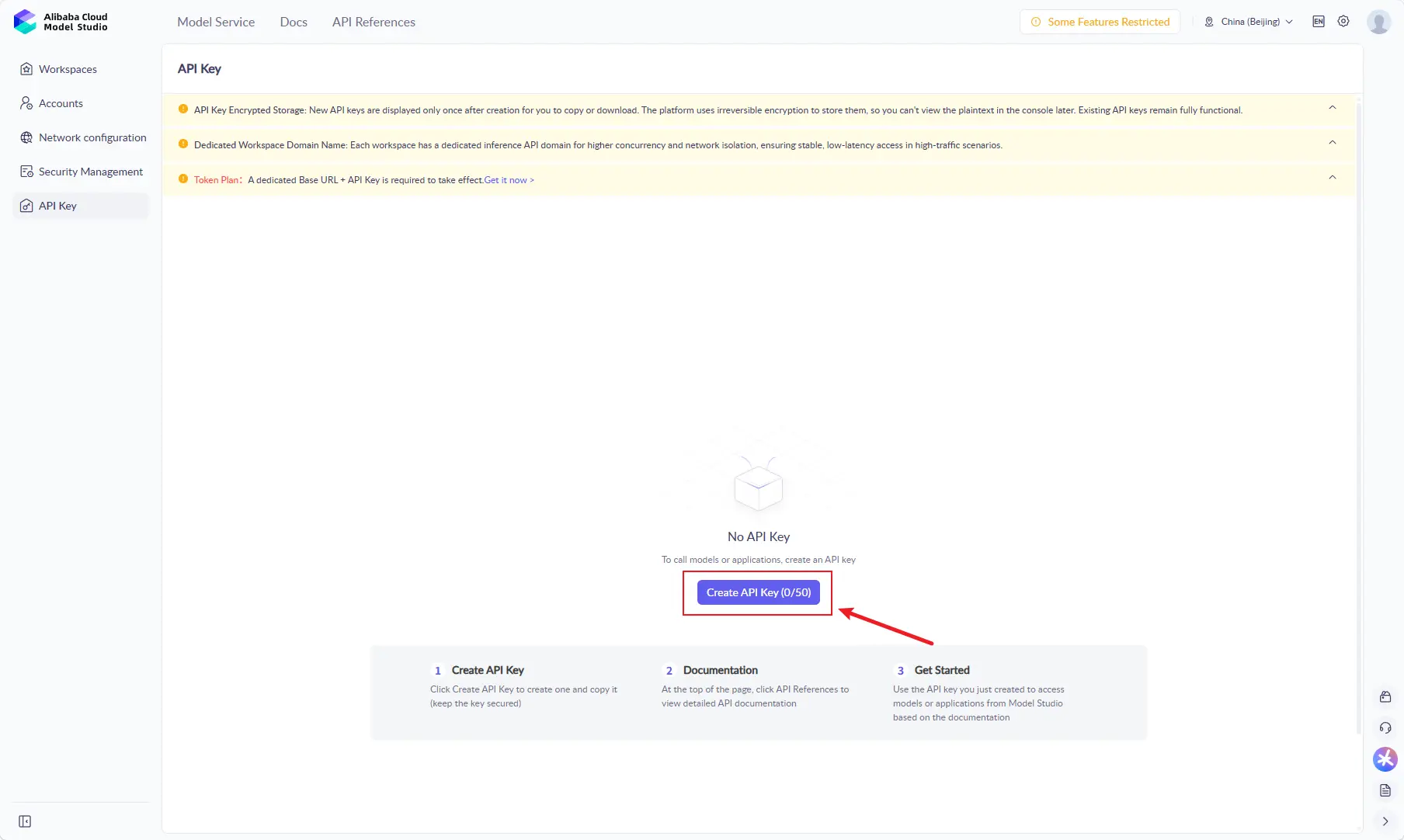 Open the Model Studio API key creation page