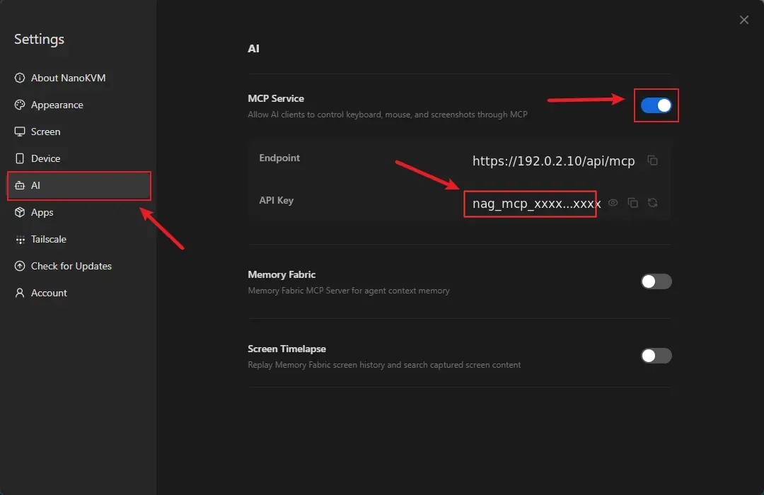 NanoKVM Go MCP Service settings