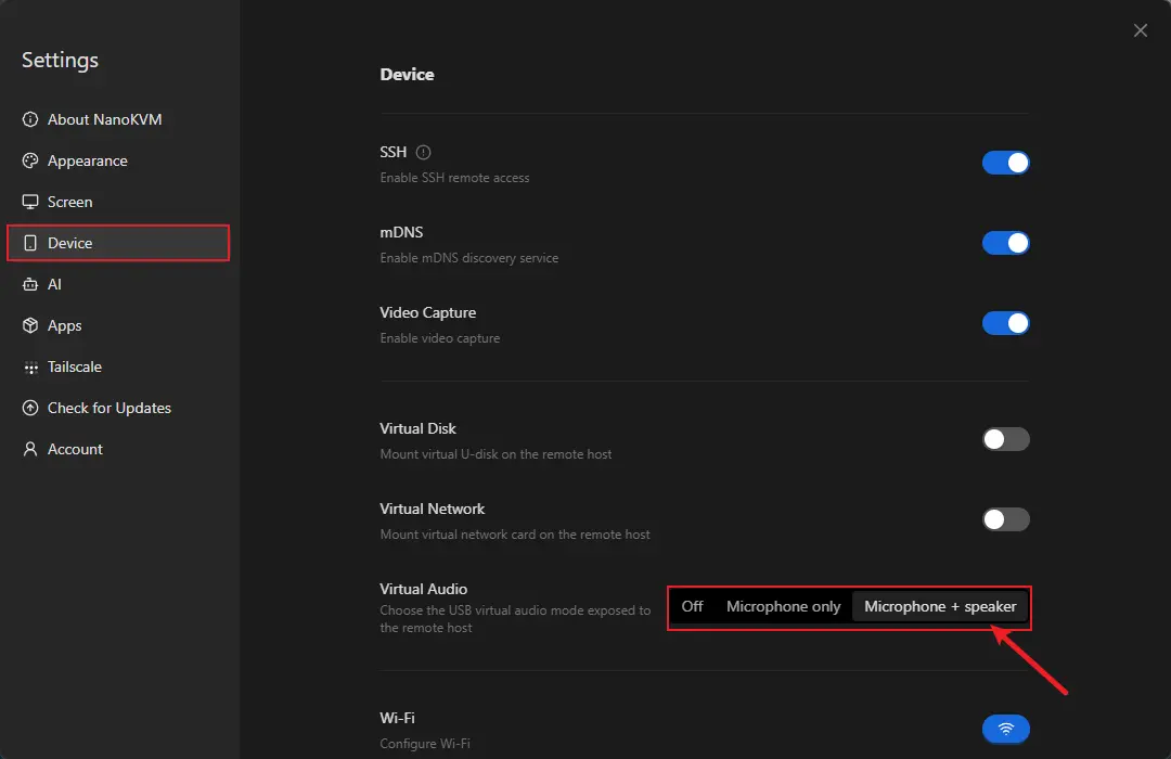 NanoKVM Go Virtual Audio settings
