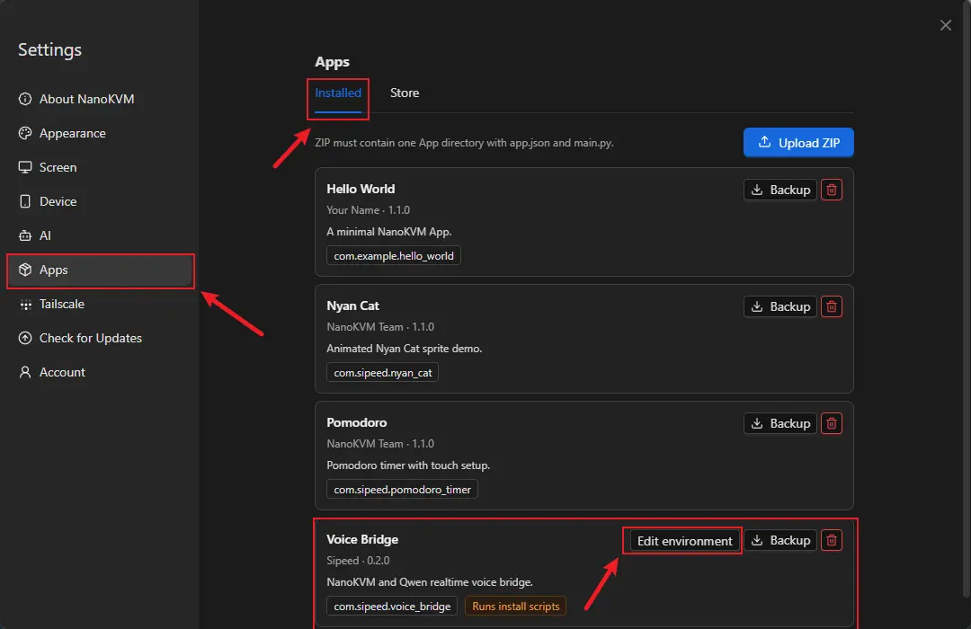 Manage the installed Voice Bridge App