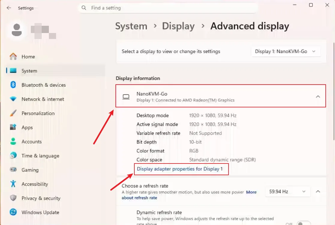 Windows display adapter properties