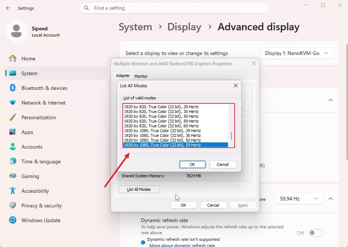 Windows valid modes list