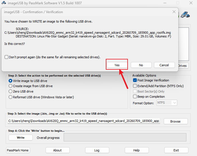 Confirm the ImageUSB write operation