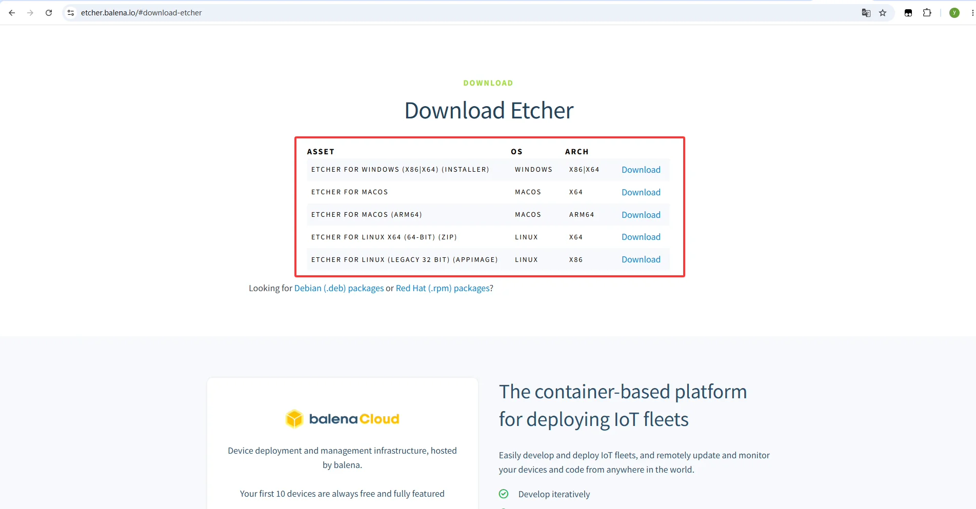 balenaEtcher download page