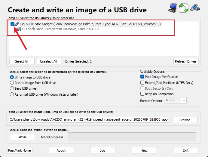 在 ImageUSB 中选择 NanoKVM Go 设备