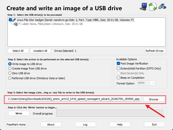Select the NanoKVM Go image in ImageUSB