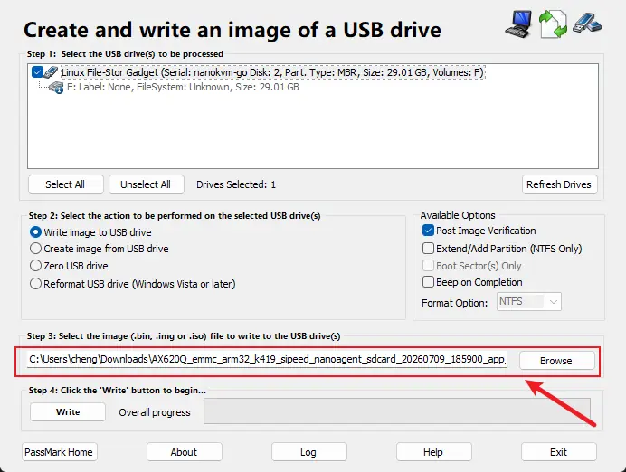 在 ImageUSB 中选择 NanoKVM Go 镜像文件