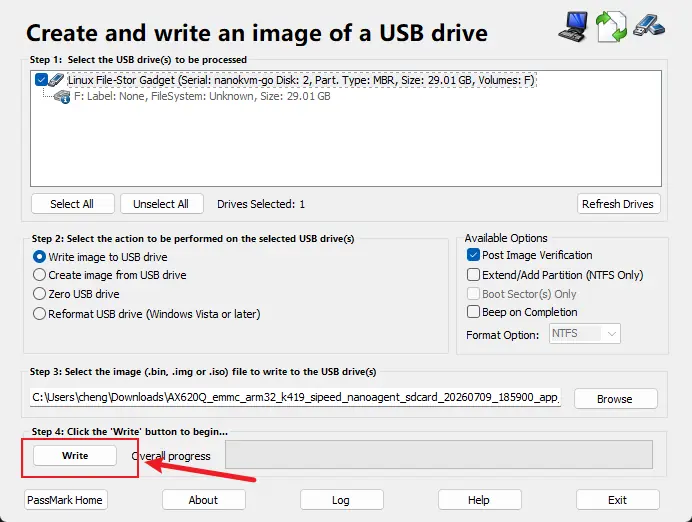 点击 ImageUSB 写入按钮