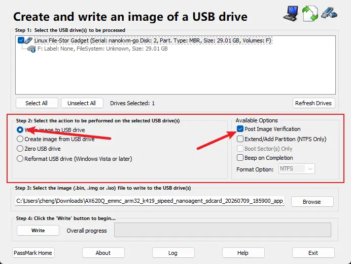 在 ImageUSB 中选择写入镜像模式