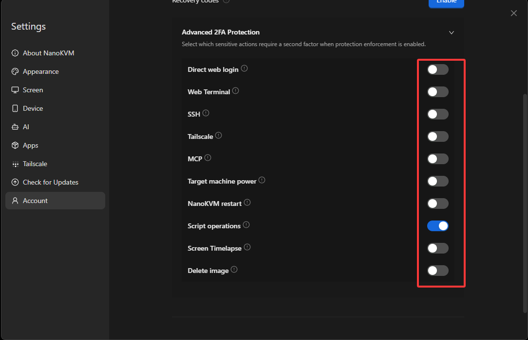 Select Advanced 2FA Protection options