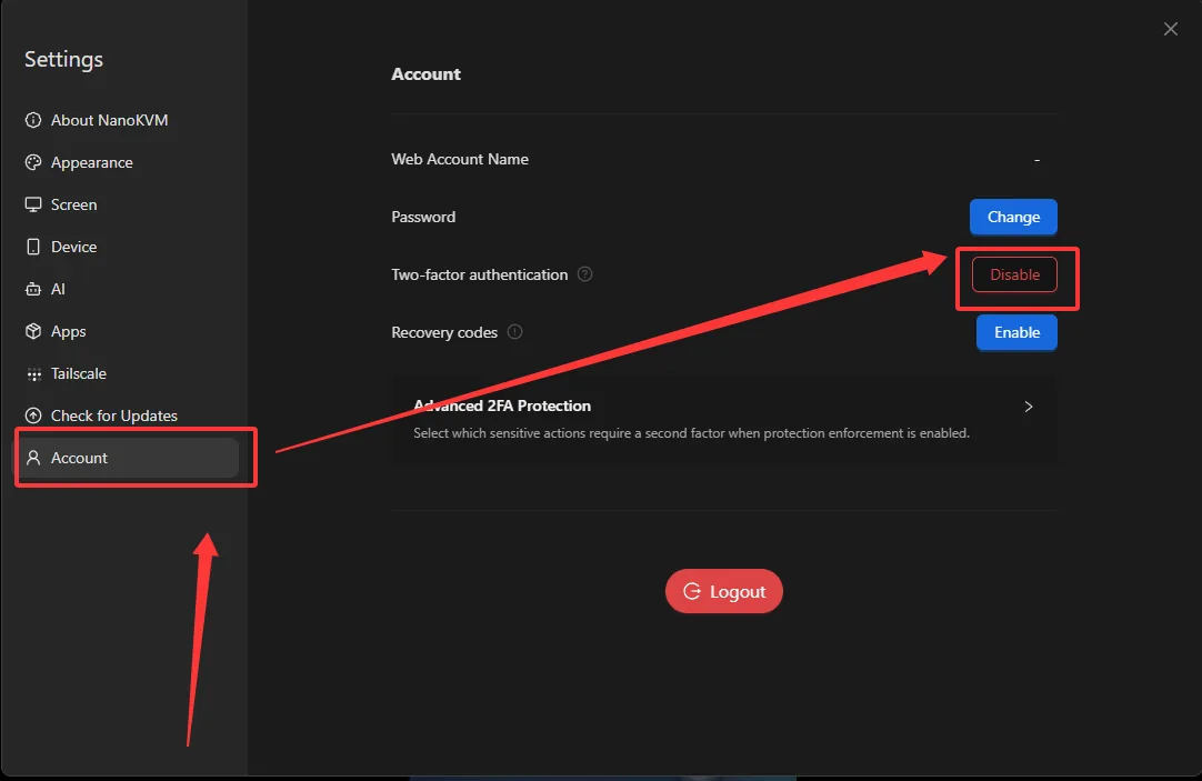 Disable two-factor authentication on NanoKVM Go
