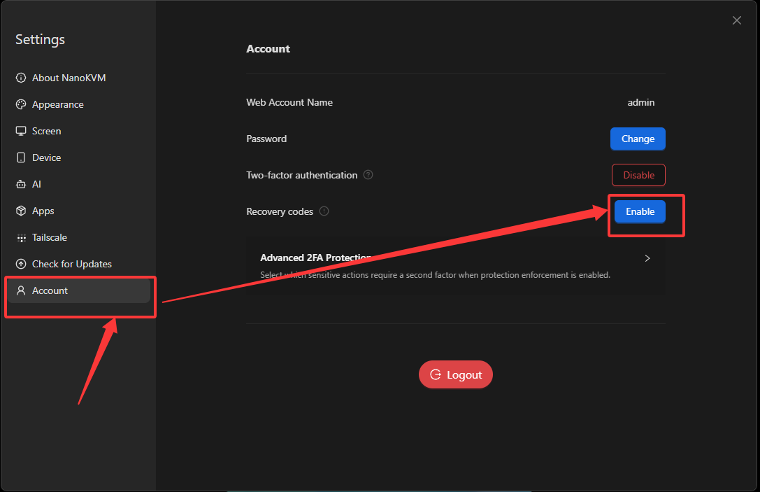 Enable recovery codes on NanoKVM Go