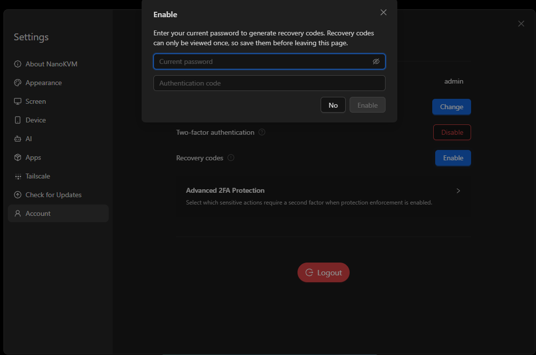 Confirm recovery code generation