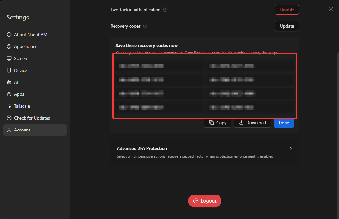 Save the generated recovery codes