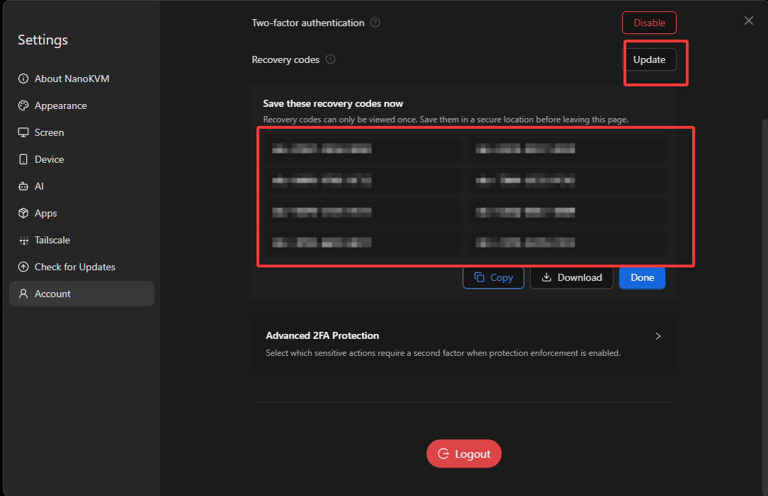Update the recovery codes