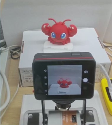 Figure 4: MaixCAM2, two-axis gimbal, and red object during recording. Source: this recording, cropped to show the physical setup.