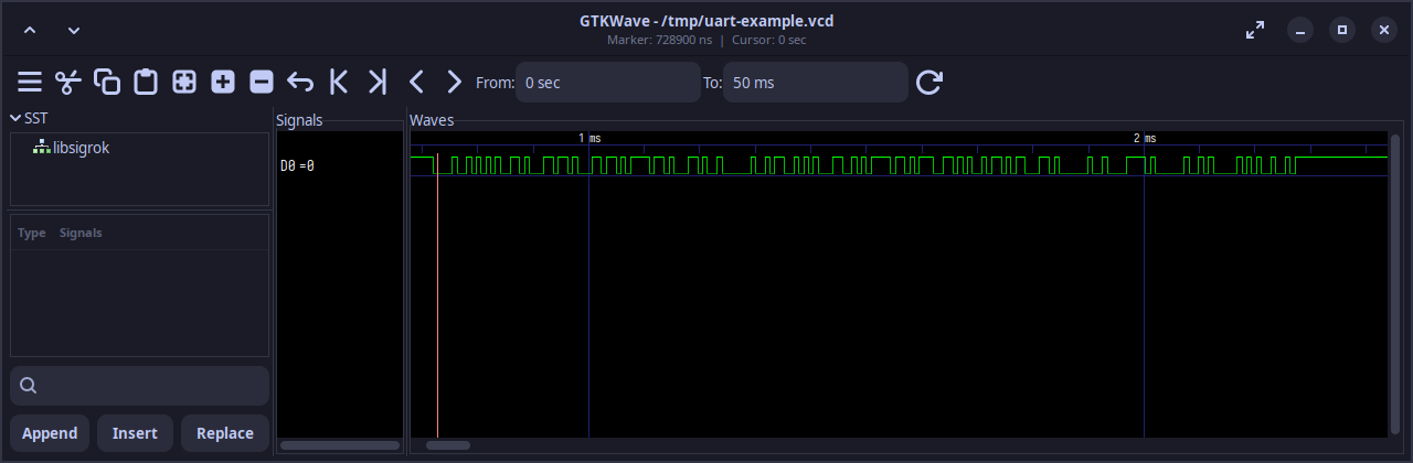 UART VCD waveform exported by sigrok-cli and displayed in GTKWave